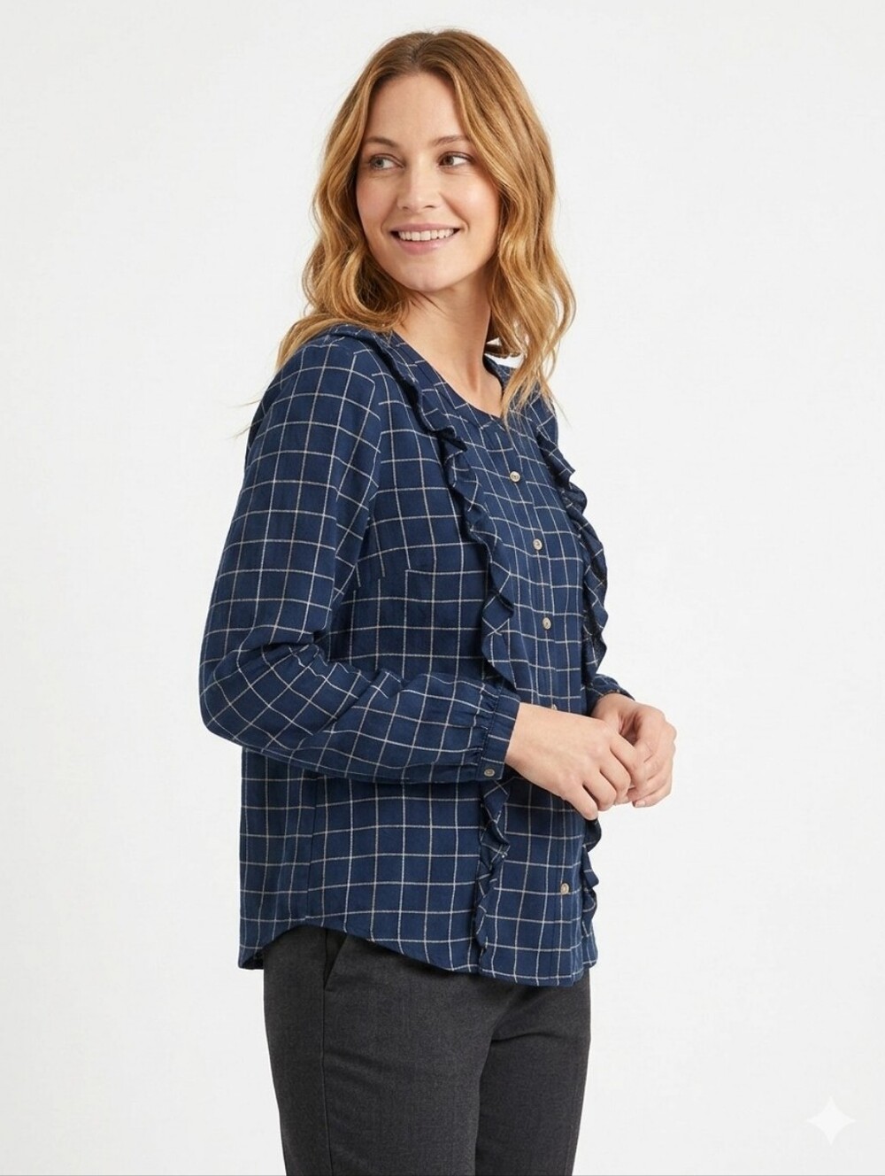 Sonoma Blue Checkered Ruffle Button-Down Shirt